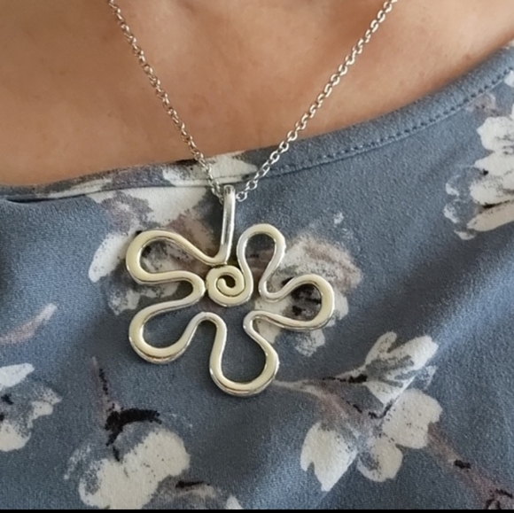 Boho Gypsy Sisters Jewelry - MINIMALIST Artistic Flower Necklace Silver tones 18  Or 24 Inch Chain